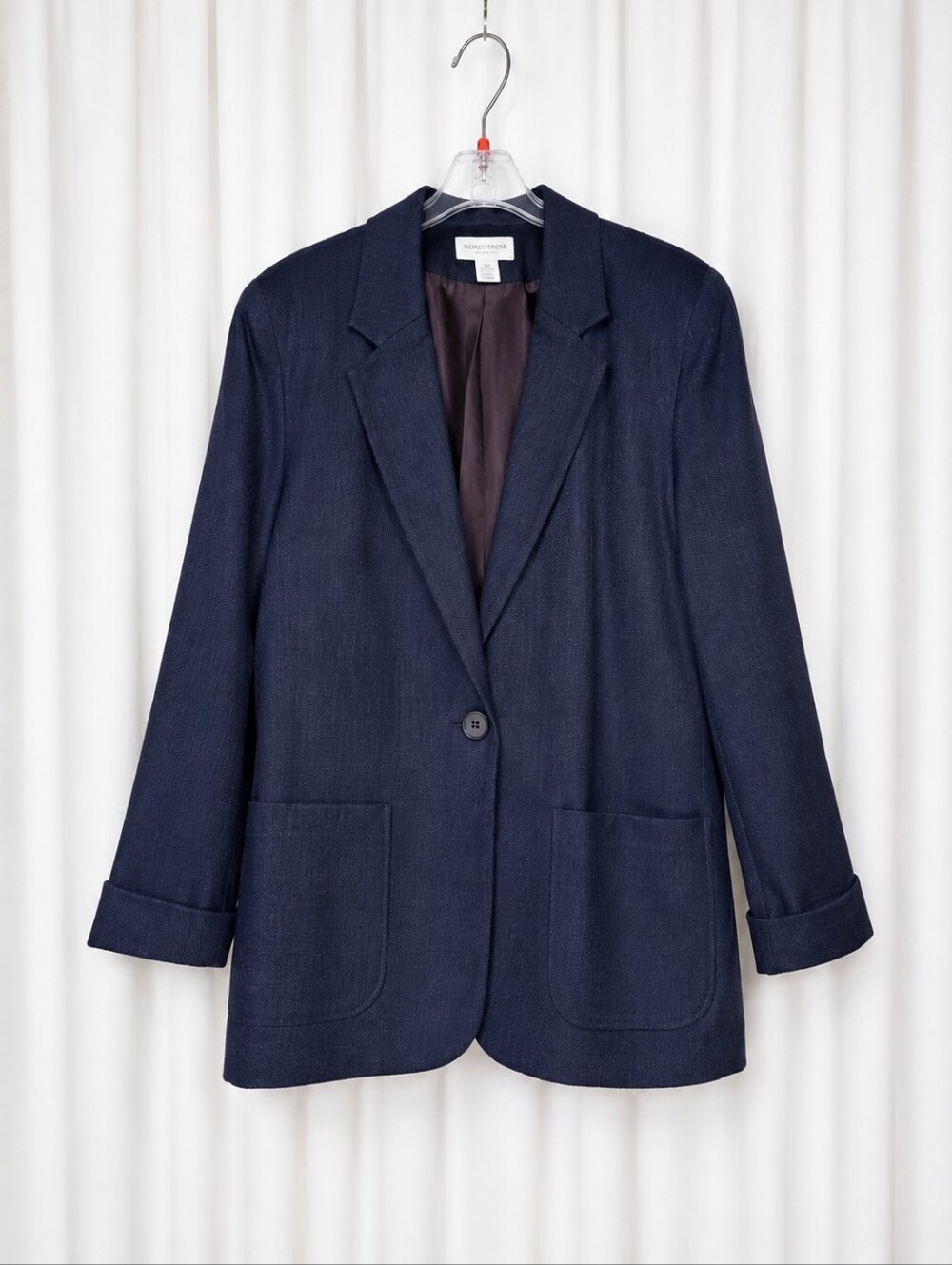 Nordstrom the Catalog 90s Navy Blue Textured Blazer Patch Pockets Turnback Cuffs